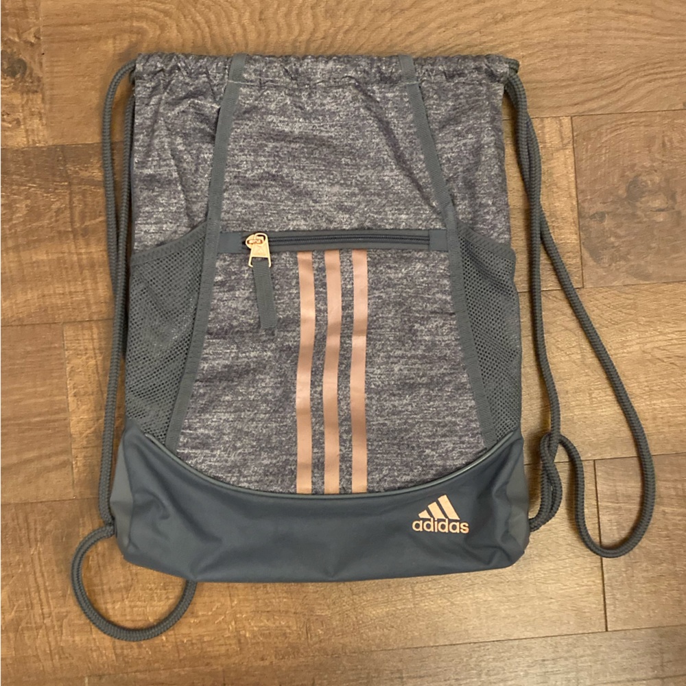 Adidas Gray Drawstring Backpack Bag w/ Rose Gold Accent Details EUC - Picture 2 of 7